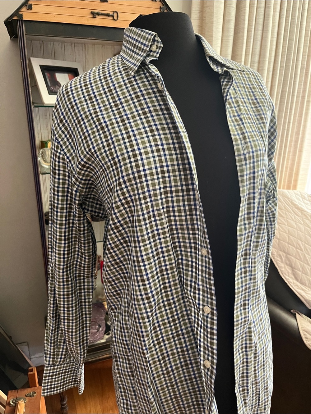 Peter Millar Men's Plaid Button-Down Shirt in Green, Blue, and White